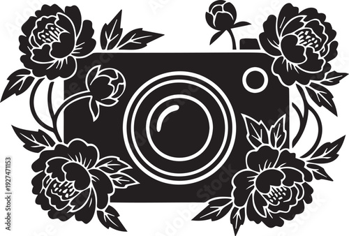 Camera surrounded by elegant peony wreath with detailed leaves and blooming buds, classic photography equipment for artistic project