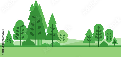 Clean flat design vector art of a green forest landscape, featuring stylized trees and hills, symbolizing nature and environmental serenity