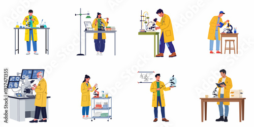 Diverse scientists, students, and researchers conduct experiments, analyze data, and study in a modern laboratory setting, illustrating scientific exploration and discovery.