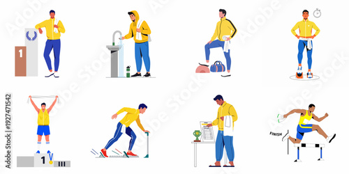 Illustrations of male athletes depicting various stages of sports, from training and competition to hydration and celebrating victory on the podium, symbolizing success.