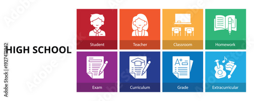 High School Glyph Solid Banner Web Icon Set Vector Illustration