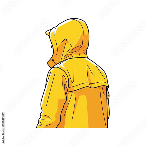 Person in Yellow Raincoat Hooded Jacket Isolated on White Background, Back View