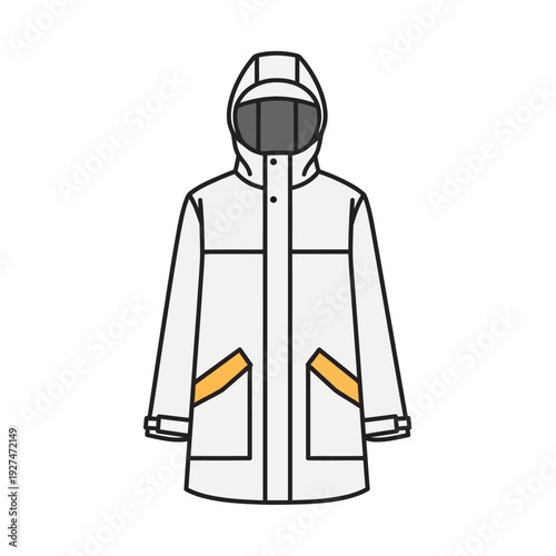 White hooded parka jacket illustration with yellow pockets on white background