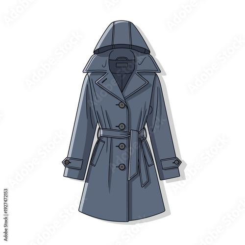 Stylish Gray Hooded Trench Coat with Belt, Fashionable Outerwear Illustration