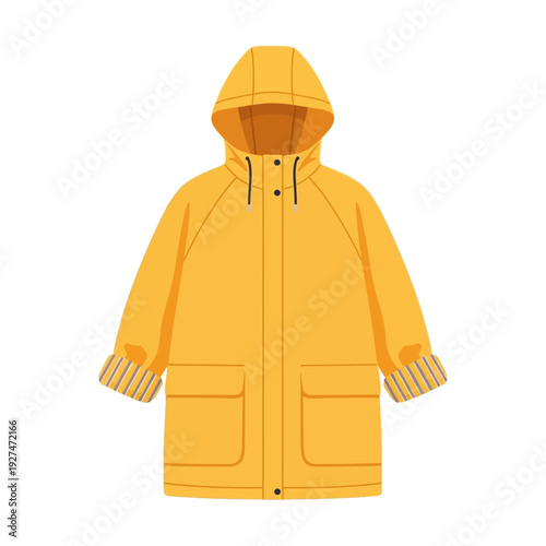 Yellow hooded raincoat with pockets and striped cuffs, isolated on white background.