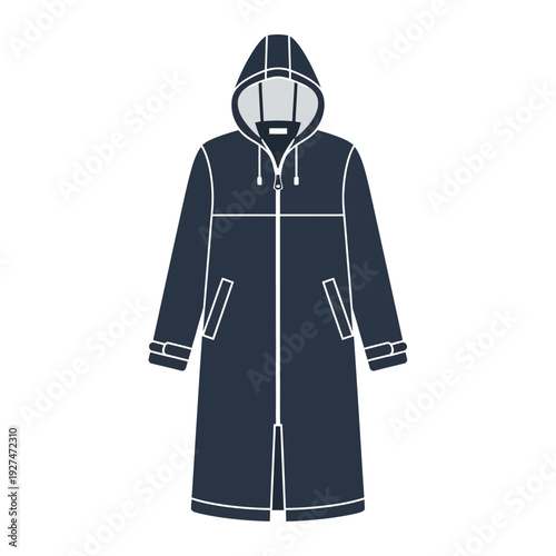 Dark Blue Long Hooded Raincoat with Pockets and Zipper - Flat Illustration