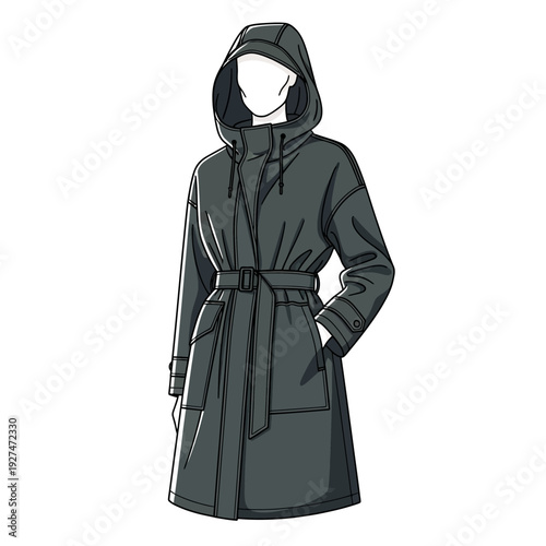 Fashion Illustration: Dark Gray Hooded Trench Coat with Belt