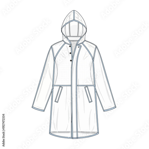 Fashion illustration of a transparent hooded raincoat, vector flat sketch