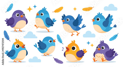 A charming collection of cute, cartoon-style birds in various colors and poses, set against a light background with decorative feathers and stars.