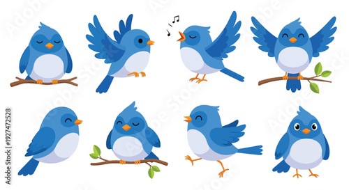 A collection of eight adorable cartoon blue birds in various playful poses, some perched on branches and one singing.