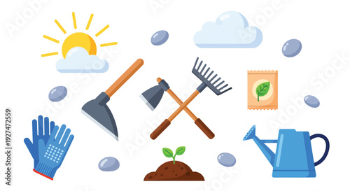 A vibrant collection of gardening tools and elements, including a watering can, rake, hoe, axe, gloves, seeds, a seedling, sun, and clouds, set against a white background.