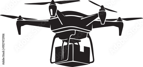 Black silhouette vector illustration of a delivery drone with a package underneath, isolated on white background