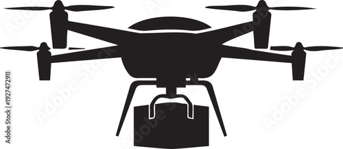 Black silhouette of a delivery drone carrying a rectangular package, isolated on white background