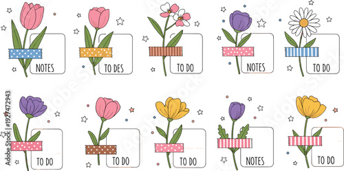 Cute Floral To Do and Notes Stickers Collection with Tulips and Spring Flowers Flat Vector Illustration Set