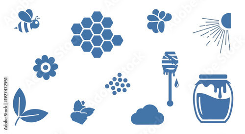 Collection of blue icons representing beekeeping, honey production, and related natural elements.