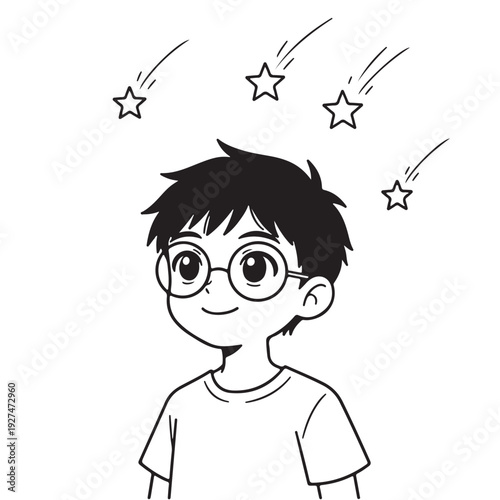Cute Boy Watching Falling Stars Kids Night Sky Coloring Page