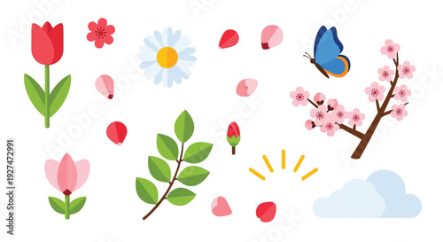 A vibrant collection of spring-themed illustrations featuring blooming flowers, delicate petals, a butterfly, a cherry blossom branch, and a fluffy cloud.