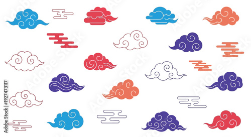 A vibrant collection of traditional East Asian cloud motifs in various colors and styles, symbolizing good fortune and auspiciousness.