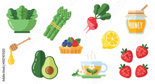 A vibrant collection of fresh, healthy food items including fruits, vegetables, and a cup of tea, presented in a clean, illustrative style.