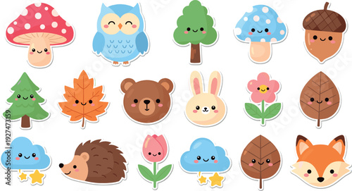 Cute Forest Characters Set with Bear Fox Owl Mushroom and Autumn Leaves Vector Illustration