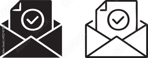 Email message with checkmark icon in solid black and outline styles, isolated on white background