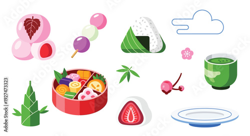 A vibrant collection of traditional Japanese sweets, bento box, tea, and cultural symbols arranged playfully on a white background.