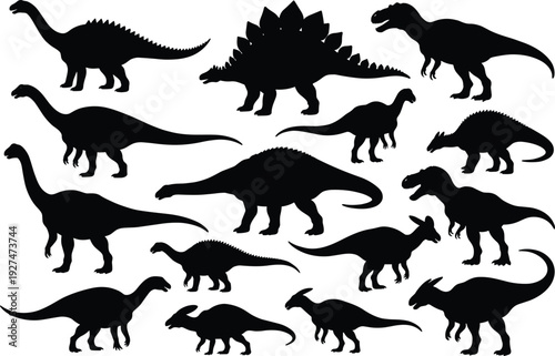 Dinosaur silhouettes collection, T rex stegosaurus triceratops brachiosaurus prehistoric reptiles isolated black vector illustration set