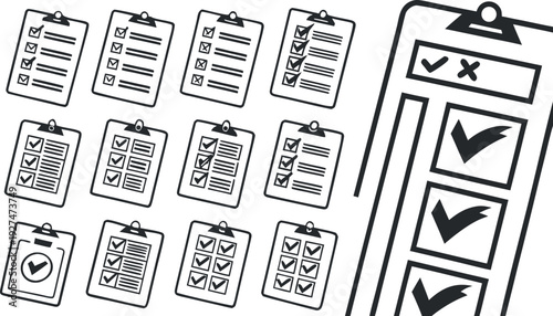 Black and white clip art of multiple checklists on clipboards