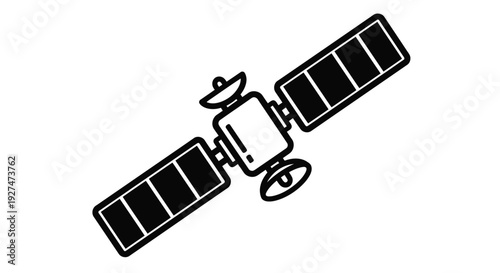 A simplified black and white illustration of a satellite in space
