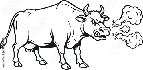Angry Cow Breathing Out Smoke in Cartoon Style Black and White Illustration