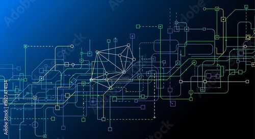 Abstract blueprint of complex electronic circuit diagram.