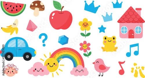 Cute Kids Clipart Collection with Rainbow, Car, Apple, Frog and Playful Cartoon Elements Flat Vector Illustration Set