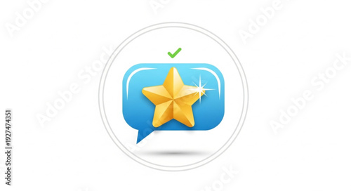 A shiny golden star on a blue speech bubble with a green checkmark.