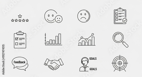 A collection of hand drawn business and customer feedback icons.
