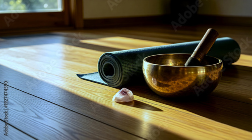 Meditation Corner with Singing Bowl in Golden Hour Light