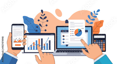 Hands of business professionals analyzing financial data using smartphone tablet and laptop with various colorful charts.