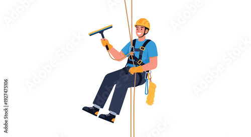 Professional window cleaner wearing safety harness and helmet hanging from ropes while working on a high rise building.