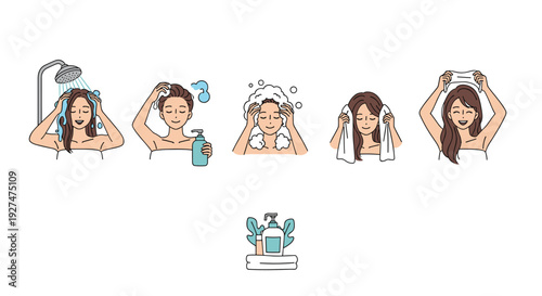 Complete hair care sequence showing a woman washing shampooing drying and styling her long hair with various products.
