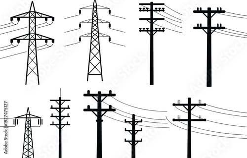 Collection of Electricity Pylons and Utility Poles with Wires Silhouettes power