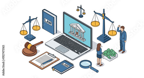 Digital legal services concept featuring a laptop with a building icon gavel scales of justice and law books.