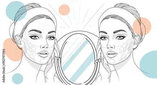 Woman looking at her reflection in an oval mirror showing facial anatomy and treatment lines for cosmetic procedures.