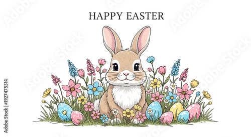 Illustration of a cute Easter bunny sitting among colorful spring flowers and decorated eggs with 'HAPPY EASTER' text above, in a vibrant and festive Easter design.