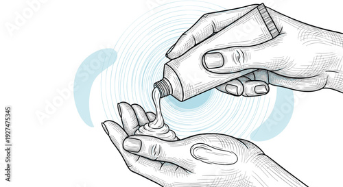 Hand applying therapeutic ointment or medicinal cream from a tube onto another palm for skincare or treatment.