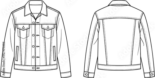 Classic denim jacket technical fashion flat sketch, front and back view, long sleeve buttoned trucker outerwear apparel template