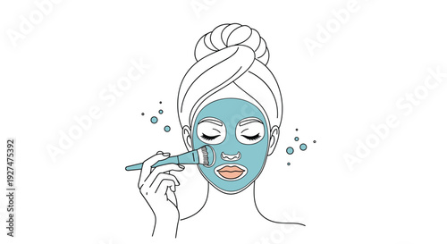 Woman applying a blue cosmetic facial mask with a special brush for a professional beauty treatment at home or spa.