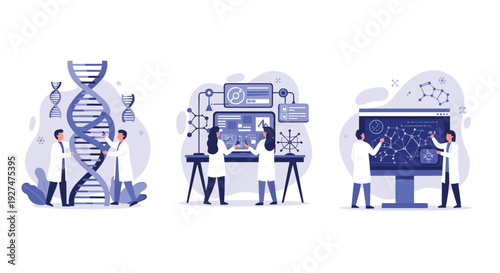 Scientists in white coats working in a laboratory analyzing DNA structures and molecular data on digital screens.