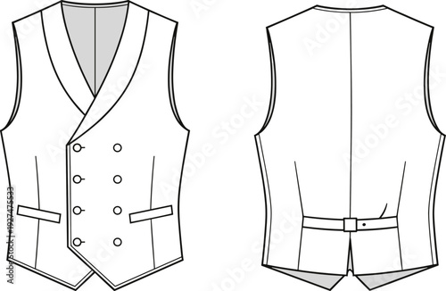 Elegant double breasted waistcoat vest technical fashion flat sketch, front and back view, tailored formal menswear garment illustration template
