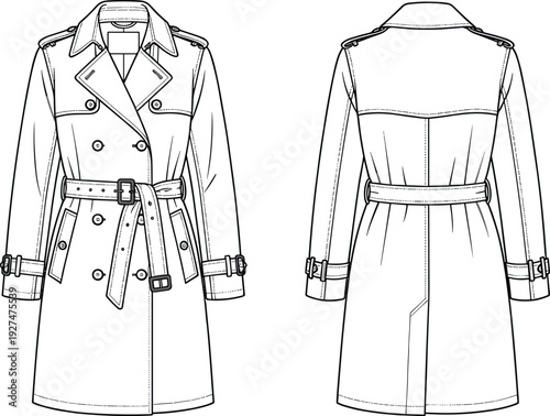 Classic double breasted trench coat technical fashion flat sketch, front and back view, belted long sleeve outerwear apparel illustration template