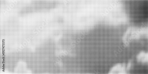 Dotted halftone texture background. Black and white pop art gradient overlay. Fading grunge gritty noise wallpaper. Weathered pixelated comic backdrop. Vector bitmap subtle vanishing surface