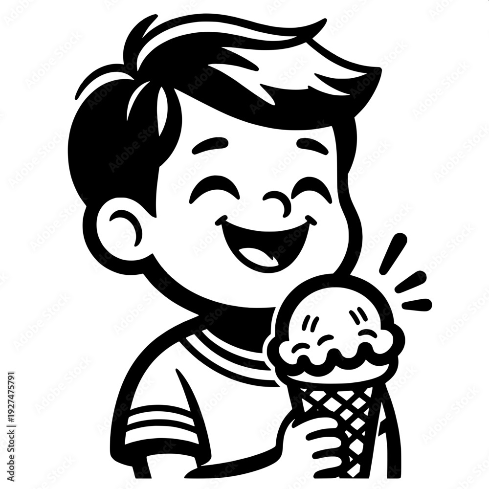 Fototapeta premium Black and White Vector SVG of a Boy Eating Ice Cream